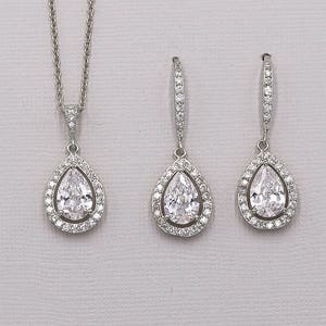 Wedding Earrings Necklace Set, Crystal Jewelry Set, Halo Teardrop Jewelry Set, Malania Earrings and Necklace Set