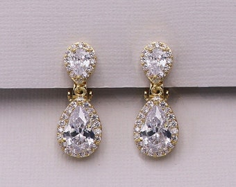 Gold Clip on Earrings, pear cubic zirconia earrings, clip on wedding earrings, teardrop wedding earrings, Kensley Gold Clip Earrings
