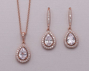 Rose Gold Wedding Earrings Necklace Set, Crystal Jewelry Set, Halo Teardrop Jewelry Set, Malania Rose Gold Earrings and Necklace Set