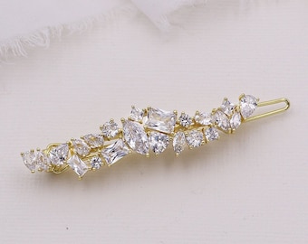 Wedding Barrette Gold, Cubic Zirconia Barrette, Bridal Rhinestone Clip Crystal, Wedding Crystal Hair Clip, Naya Gold Barrette
