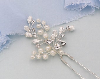 Silver Pearl Hairpin, crystal wedding hair pin, pearl hair pin, pearl rhinestone hairpin, bridal hairpin, Pearl Twigs Hairpin