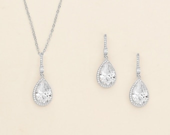 Teardrop Wedding Jewelry Silver, tear drop pear cubic zirconia bridal jewelry set, Isabella Silver Jewelry Set
