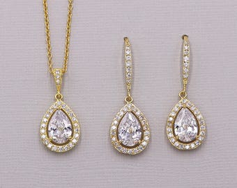 Gold Wedding Earrings Necklace Set, Crystal Jewelry Set, Halo Teardrop Jewelry Set, Malania Gold Earrings and Necklace Set