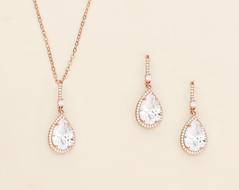 Teardrop Wedding Jewelry Rose Gold, tear drop pear cubic zirconia bridal jewelry set, Isabella Rose Gold Jewelry Set
