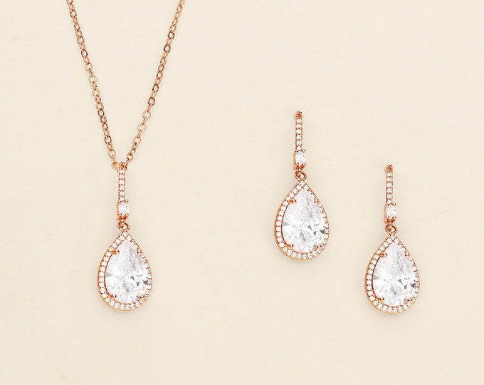 Teardrop Wedding Jewelry Rose Gold, tear drop pear cubic zirconia bridal jewelry set, Isabella Rose Gold Jewelry Set