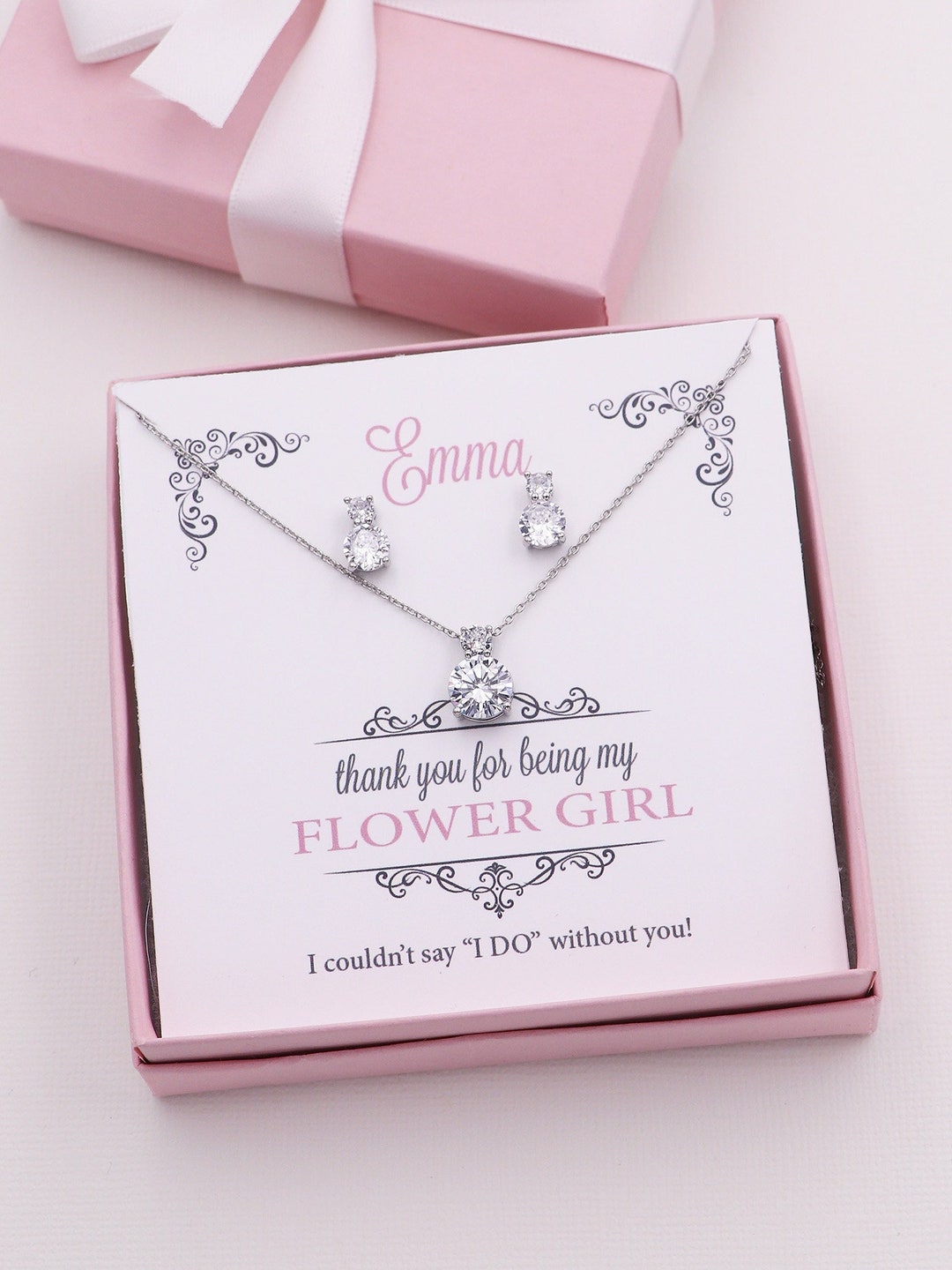 Silver Flower Girl Jewelry Set Crystal, Girls Flower Girl Jewelry Gift