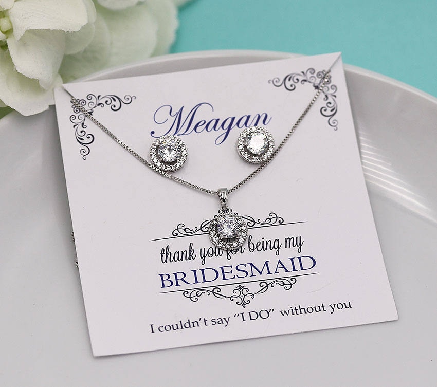 Silver Bridesmaids Jewelry Set, Round Halo Jewelry Set, Personalized …
