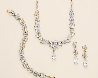 Braut Halskette Set Gold, Gold Teardrop Hochzeit Ohrringe, Tropfen Birne Ohrringe Cubic Zirconia Ohrringe, Camilla Goldschmuck Set