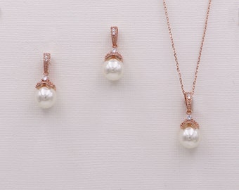 Rose Gold Pearl jewelry set, CZ Pearl Wedding Necklace Set, bridal jewelry, cz jewelry set, Kristen Rose Gold Pearl Jewelry Set DISC