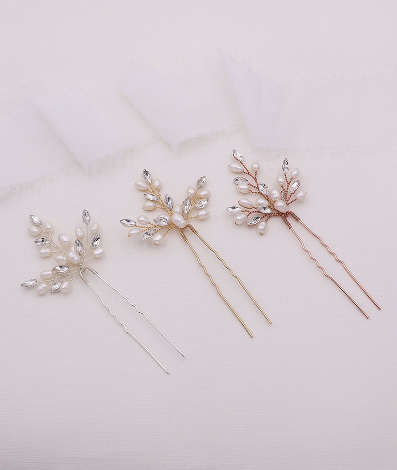 Crystal freshwater pearl wedding hair pin Gold, bridal hair accessories, Sold Individually, Aryana Pearl Gold Hairpin image 9