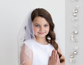 Crystal First Communion Veil, First Communion Veil, Beaded Edge Veil, Children Girl's First Communion Veil, Crystal Edge Communion Veil