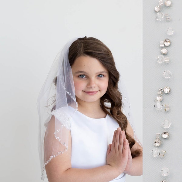 Crystal First Communion Veil, First Communion Veil, Beaded Edge Veil, Children Girl's First Communion Veil, Crystal Edge Communion Veil