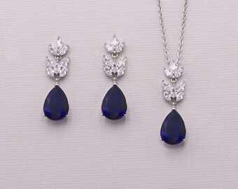Sapphire Blue Bracelet Set, wedding bracelet, cz bracelet, cubic zirconia bracelet, bridal jewelry, Evelyn Sapphire Blue Bracelet Set