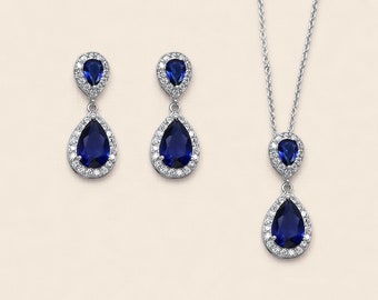 Blue Crystal Jewelry Set, Bridal Earrings Sapphire, Blue Jewelry Set, Kensley Sapphire Blue Earrings and Necklace Set