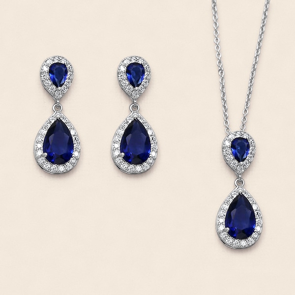 Blue Crystal Jewelry Set, Bridal Earrings Sapphire, Blue Jewelry Set, Kensley Sapphire Blue Earrings and Necklace Set