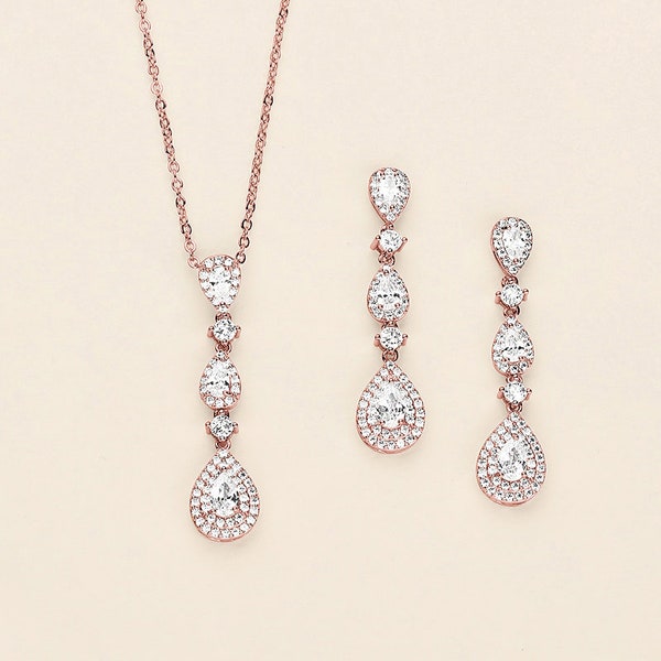 Rose Gold Wedding Jewelry Set, Rose Gold Necklace Set, Cubic Zirconia, Silver Jewelry, Teardrop Pear Earrings, Mandy Rose Gold Necklace Set