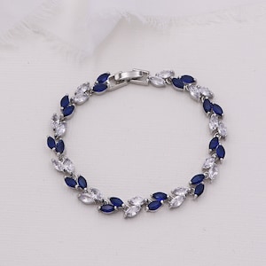 Sapphire Blue Bracelet, wedding bracelet, cz bracelet, leaf marquise bracelet, bridal jewelry, Evelyn Sapphire Blue and Clear Bracelet