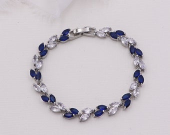 Sapphire Blue Bracelet, wedding bracelet, cz bracelet, leaf marquise bracelet, bridal jewelry, Evelyn Sapphire Blue and Clear Bracelet