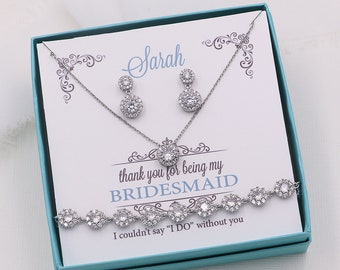 Bridesmaids Jewelry Set, Bridesmaids Jewelry Gift Set, Aubrie Bridesmaids Earrings Necklace and Bracelet Silver Set