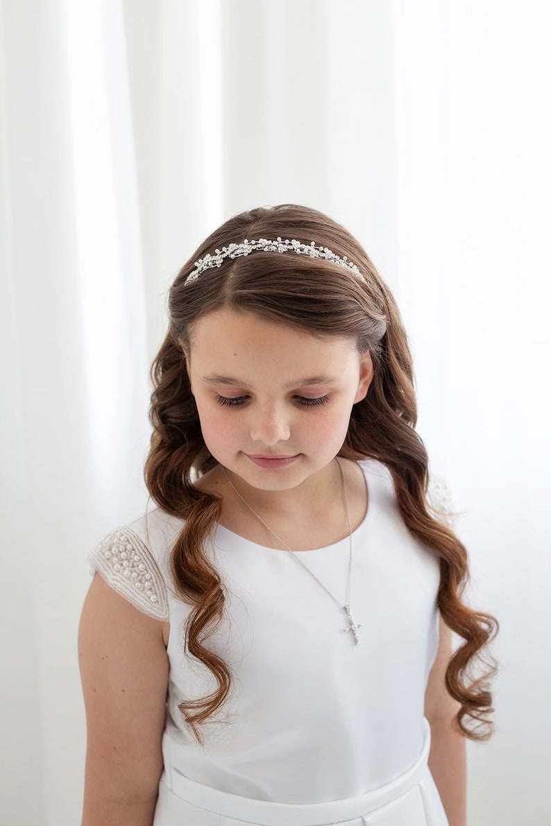 Flower Girl Headband Headpiece, Flower Girl Tiara, Flower Girl headpiece, first communion tiara, Sophia Pearl Flower Girl Tiara image 3