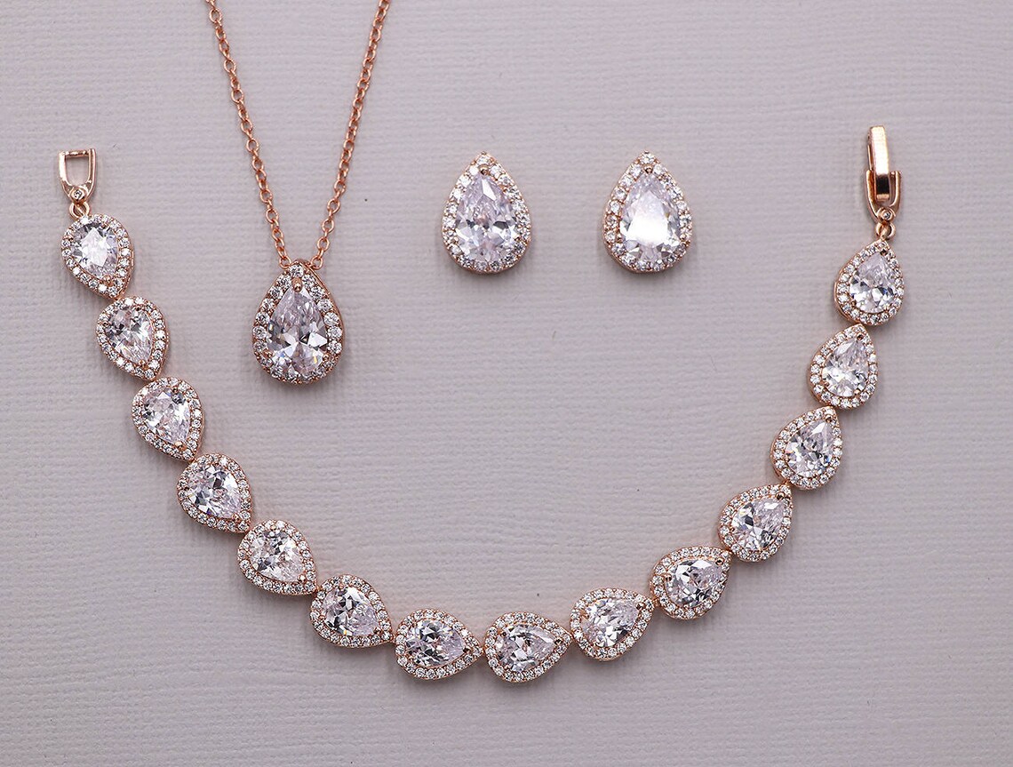 Bridal Jewelry Set Wedding Necklace Set Rose Gold Wedding Etsy