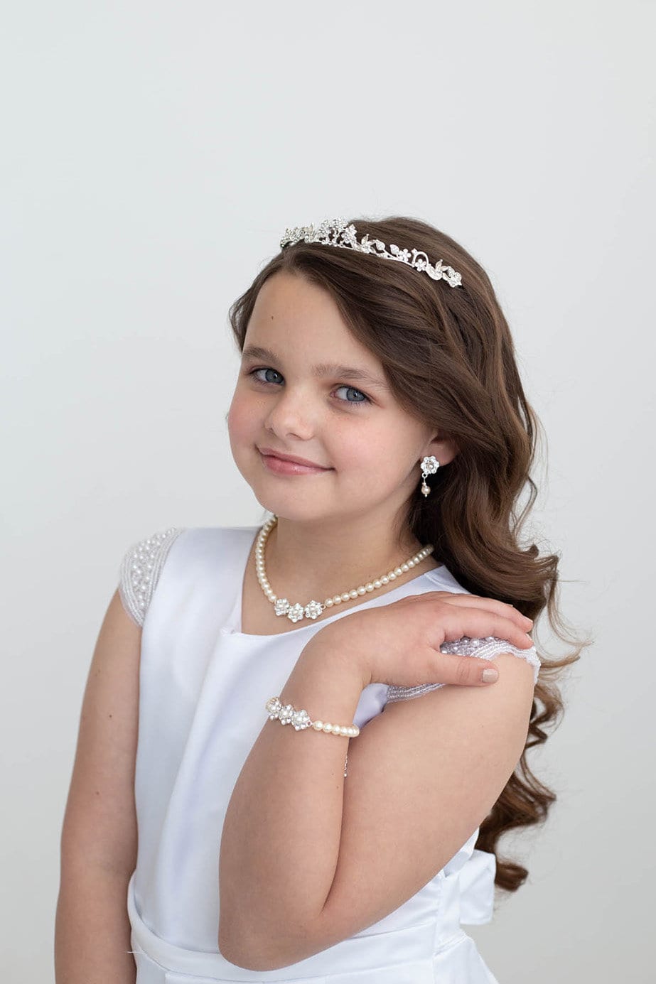 Flower Girl Jewelry with Ivory Pearls and Crystal Flowers
