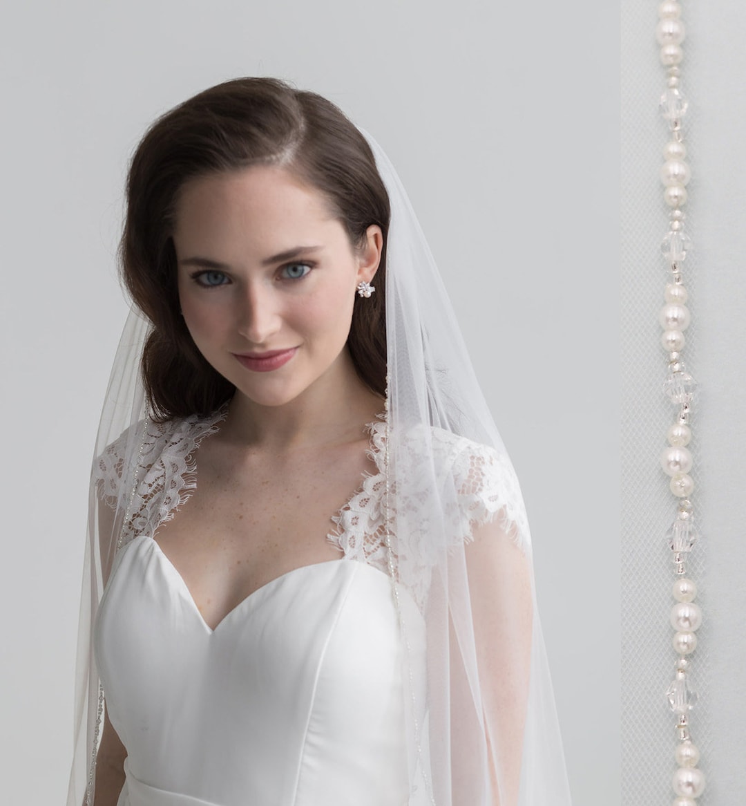 Pearl Wedding Veil, Pearl & Crystal Beaded Veil, Beaded Wedding Veil