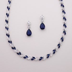 Sapphire Blue Jewelry Set, Blue Leaf Marquise Wedding Jewelry Set, Blue Earrings Necklace Set, Evelyn Sapphire Blue and Clear Jewelry Set