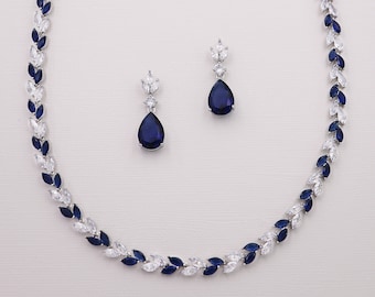 Conjunto de joyas azul zafiro, conjunto de joyas de boda marquesa de hoja azul, conjunto de collar de pendientes azules, conjunto de joyas Evelyn azul zafiro y transparente