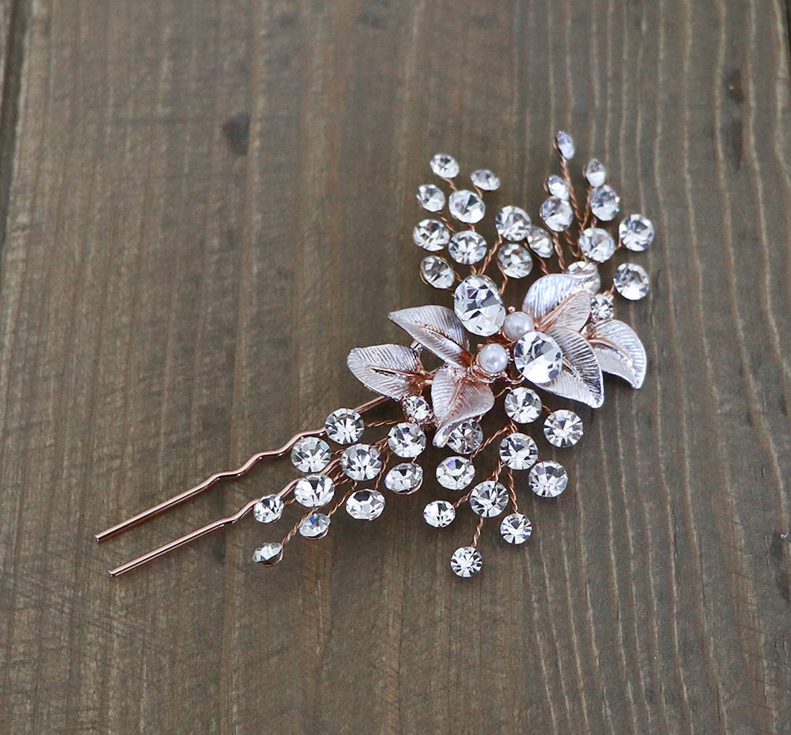 Rose Gold Leaf Hairpin Crystal Rose Gold Wedding Hair Pin Etsy