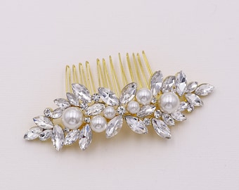 Bridal Rhinestone Pearl Comb Gold, Bridal Comb Crystal, Wedding Crystal Hair Comb, Hair Comb, Giselle Gold Pearl Comb DISC