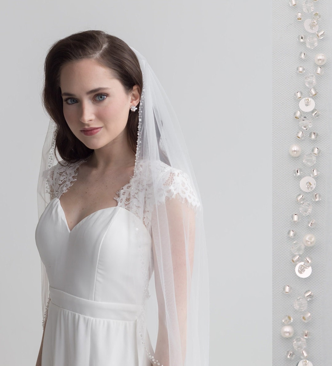 Wedding Veil With Pearls, Crystal Bridal Veil, Crystal Beaded Edge Veil