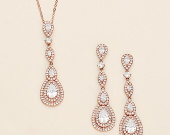 Long Rose Gold Jewelry Set, Teardrop Wedding Earrings Crystal, cubic zirconia earrings, Earrings for Brides, Aimee Rose Gold Jewelry Set