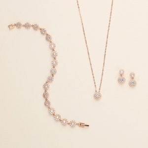 Rose Gold Jewelry Set, Earrings Bracelet Set, Rose Gold Crystal wedding bracelet, Bridesmaid Jewelry Gift, Aubrie Rose Gold Jewelry Set