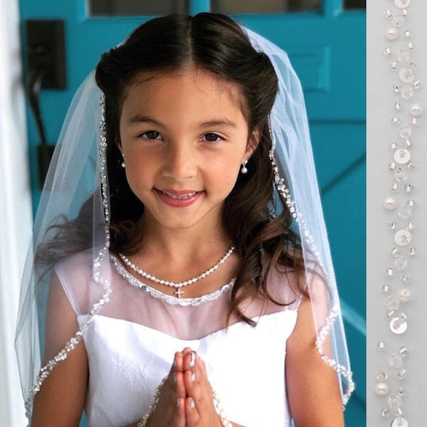 First Communion Veil, Beaded Edge Veil, One Tier Beaded Edge Veil, Children Girl's First Communion Veil, Beaded Edge Communion Veil