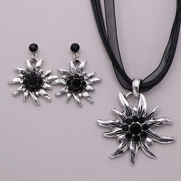 Black Dirndl Oktoberfest Bavarian Necklace Edelweiss Rhinestone Pendant Necklace and Earrings