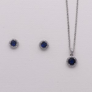 Navy Blue Wedding Necklace and Earrings Set for Brides, Wedding Earrings Studs, Blue Jewelry Set, Karina Sapphire Blue Pendant Jewelry Set