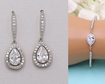 Crystal Wedding Earrings Set, Crystal Jewelry Set, Halo Teardrop Jewelry Set, Malania Earrings and Bracelet Set