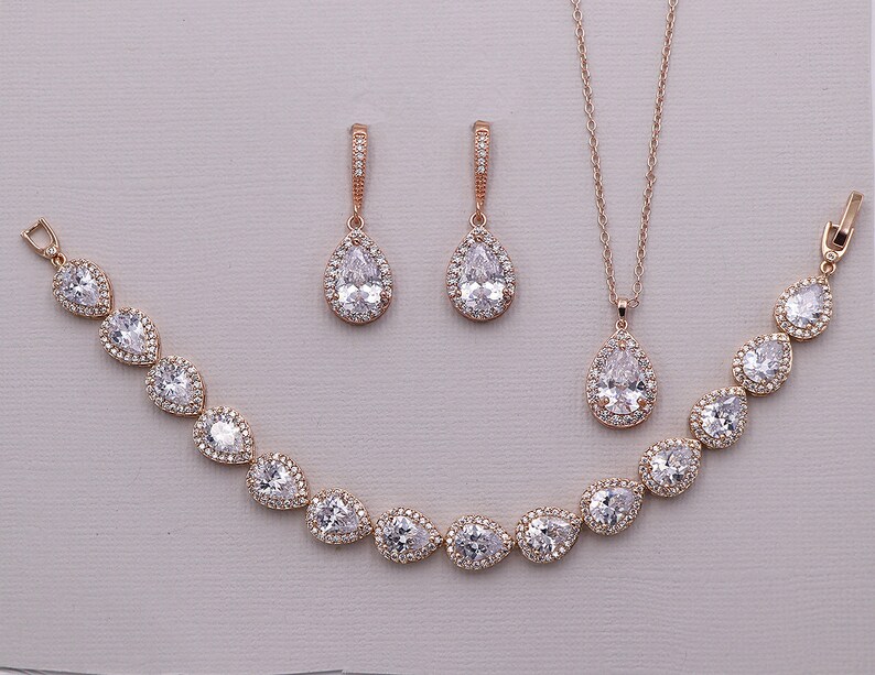 Rose Gold Wedding Jewelry Set Cubic Zirconia Earrings Bridal Etsy
