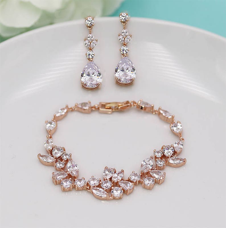 Rose Gold Bridal Bracelet Set Wedding Earrings and Bracelet Etsy