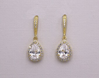 Gold Wedding Earrings, cubic zirconia earrings, bridal jewelry, wedding earrings, Addison Gold Teardrop Earrings
