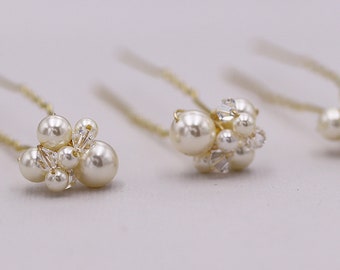 Swarovski Pearl Gold Wedding Hair pin, rhinestone hairpin, bridal hair pearl, wedding hairpins, Mara Gold Hairpin (Set of Two)