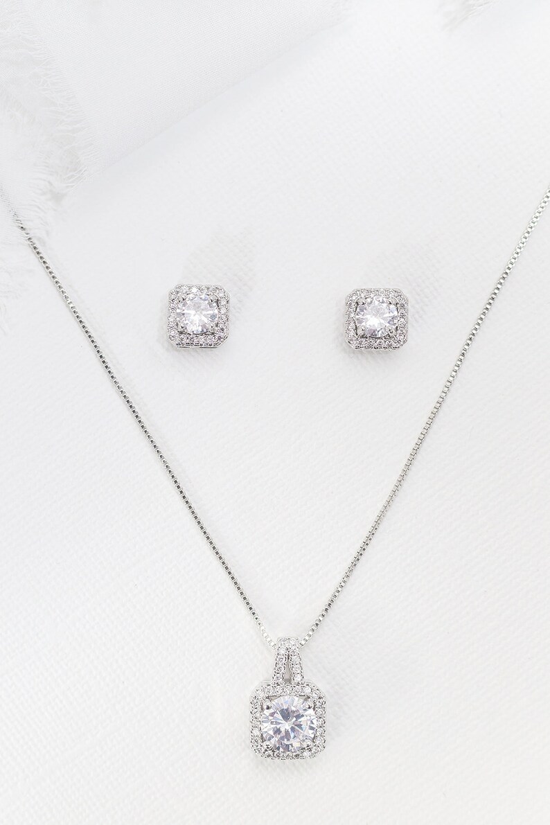 Silver Wedding Jewelry Set Cubic Zirconia Earrings Bridal Etsy