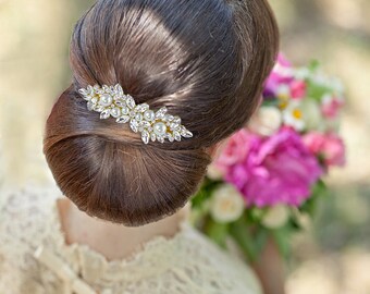 Gold Bridal Rhinestone Pearl Barrette, Gold Bridal Comb Crystal, Wedding Crystal Hair Comb, Hair Barette, Giselle Gold Pearl Barrette DISC