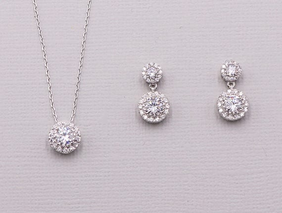 Wedding Earrings Necklace Set Crystal Jewelry Set Halo Round - Etsy