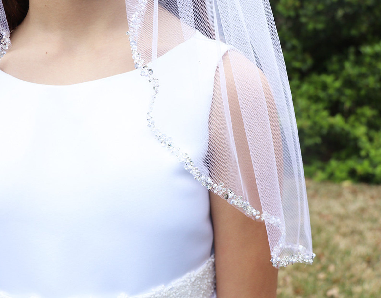 First Communion Veil Beaded Edge Veil One Tier Beaded Edge Etsy