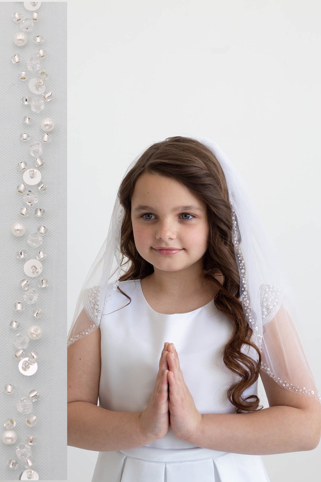 Beaded First Communion Veil, Pearl Communion Veil, Beaded Edge Veil