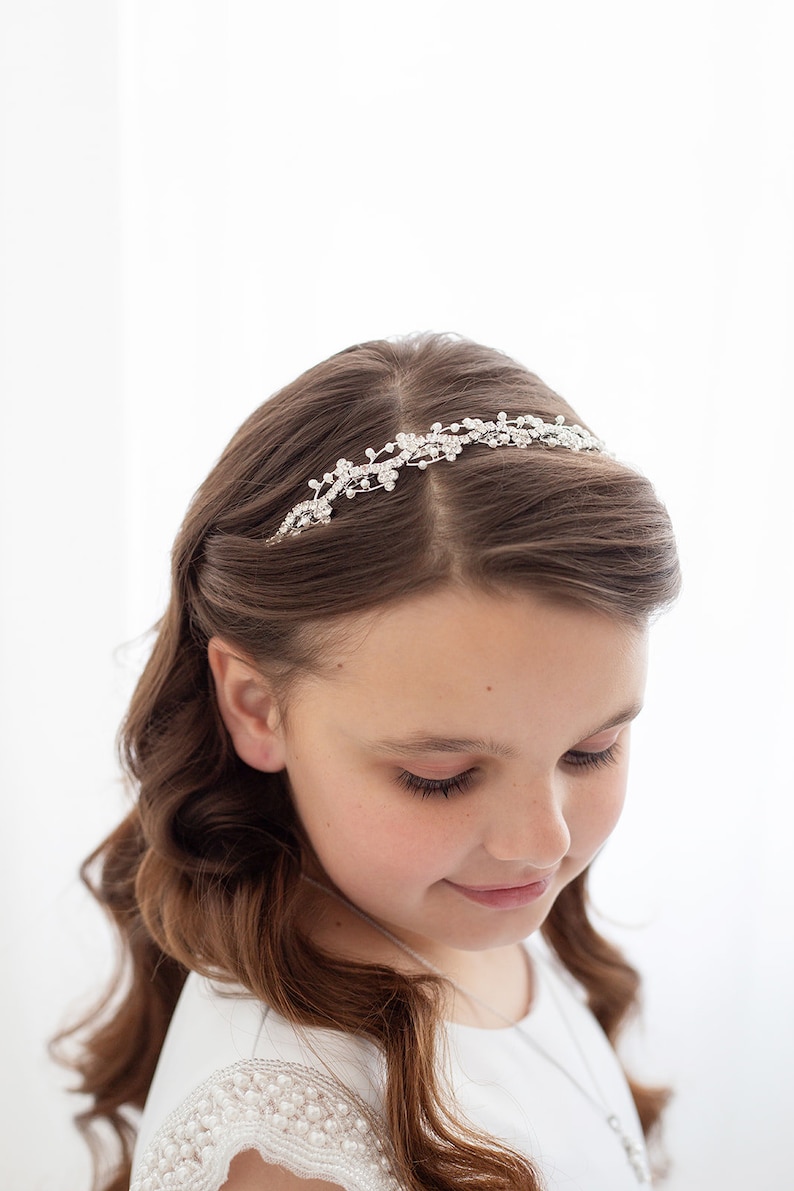 Flower Girl Headband Headpiece, Flower Girl Tiara, Flower Girl headpiece, first communion tiara, Sophia Pearl Flower Girl Tiara image 6