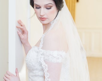 Lace Edge Veil, One Tier Lace Edge Wedding Veil, Single Tier Lace Edge Bridal Veil, Lace Edge, 1 Tier Veil, Ivory Wedding Veil