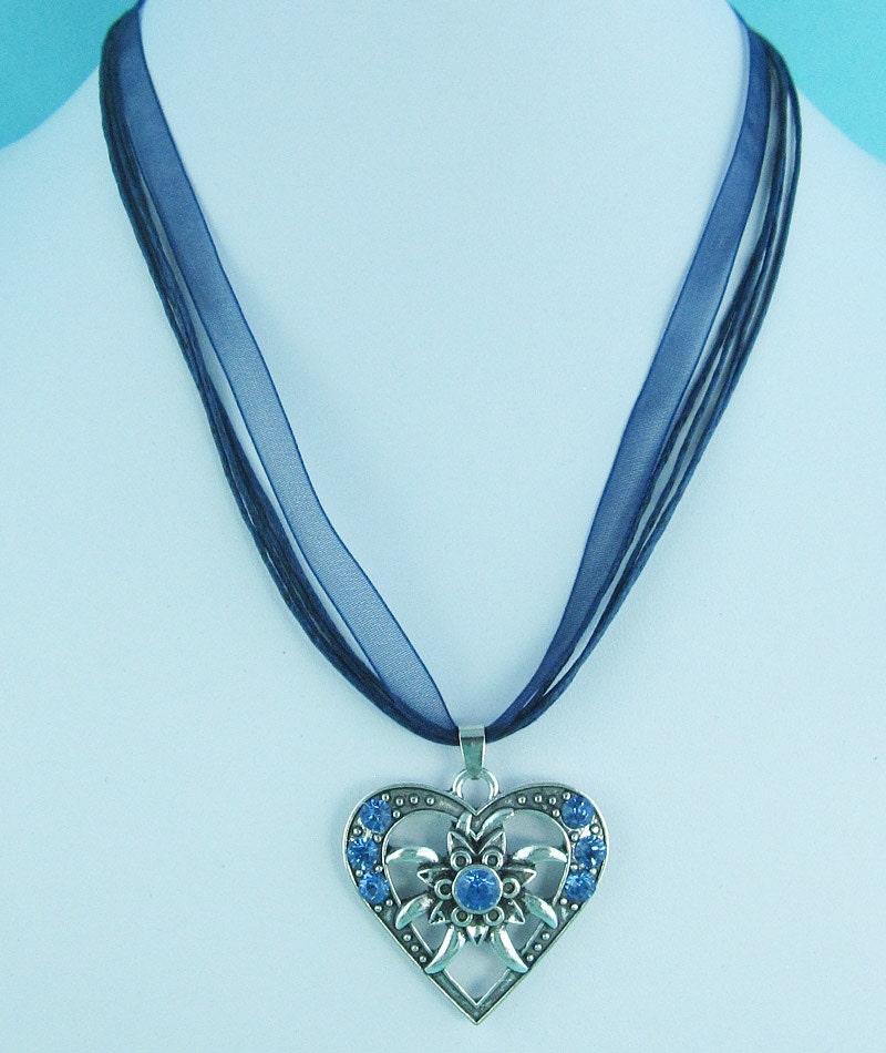 HERZ BLUMEN DIRNDLKETTE ORGANZA BAND SILBER SCHMUCK KETTE HALSKETTE SCHWARZ HERZ BLUMEN DIRNDLKETTE ORGANZA BAND SILBER SCHMUCK KETTE HALSKETTE SCHWARZ